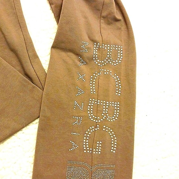 BCBGMaxAzria Lounge Pants Sz S Sparkle Studs Beads Letters TAUPE TAN - Picture 6 of 14